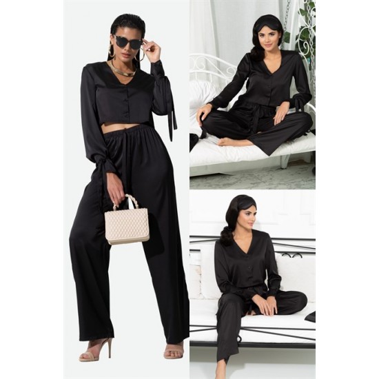 For You In&Out 5 Pieces Indoor&Outdoor Arm Tie Detailed Black Pajamas Set