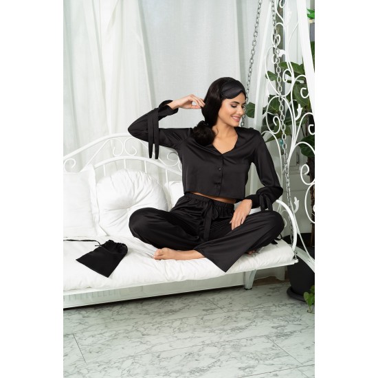 For You In&Out 5 Pieces Indoor&Outdoor Arm Tie Detailed Black Pajamas Set