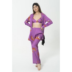 For You Sleepwear Satin 6-Piece Tiger Pattern Purple Pajamas Set