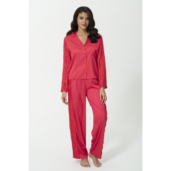 For You Sleepwear Satin 2 Pieces Lacy Red Pajamas Set