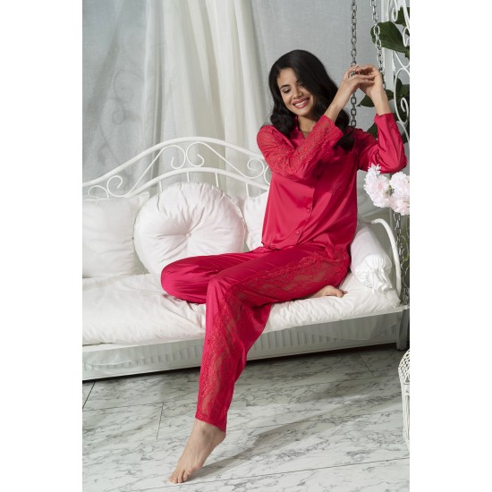 For You Sleepwear Satin 2 Pieces Lacy Red Pajamas Set