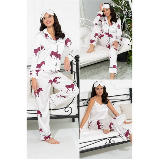 For You Sleepwear 6 Piece Zebra Pattern Ecru Satin Pajamas Set