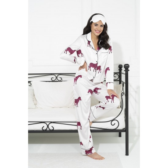 For You Sleepwear 6 Piece Zebra Pattern Ecru Satin Pajamas Set