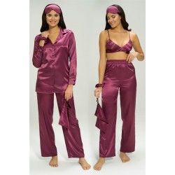 For You Sleepwear 6 Pieces Satin Bustier Purple Pajamas Set