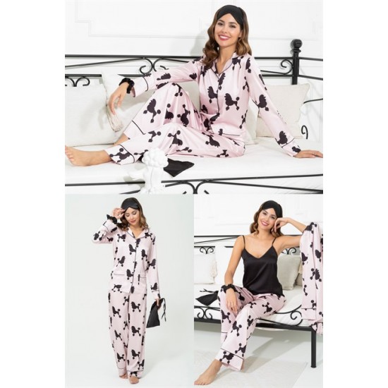 For You Sleepwear Set of 6 Dog Pattern Pink Satin Pajamas