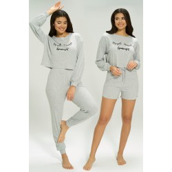 For You Loungewear 3-Piece Ribana Goodnight Printed Ribbed Gray Pajamas Set