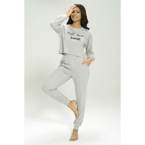 For You Loungewear 3-Piece Ribana Goodnight Printed Ribbed Gray Pajamas Set