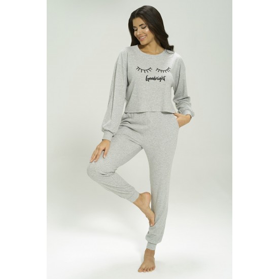 For You Loungewear 3-Piece Ribana Goodnight Printed Ribbed Gray Pajamas Set