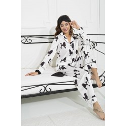 For You Sleepwear 6 Pieces Dog Pattern White Satin Pajamas Set