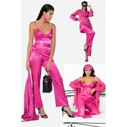 For You In&Out 4 Piece Satin Inside And Outside Pink Jacquard Set