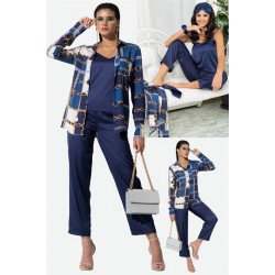 For You In&Out 6 Pieces Both Inside and Outside Chain Pattern Navy Blue Pajamas Set