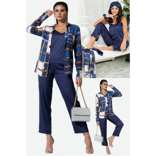 For You In&Out 6 Pieces Both Inside and Outside Chain Pattern Navy Blue Pajamas Set