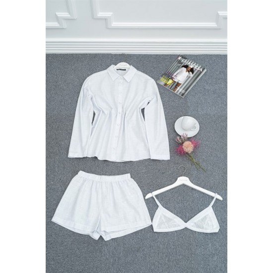 For You Sleepwear Satin 3 Piece Woven Bustiered White Pajamas Set 