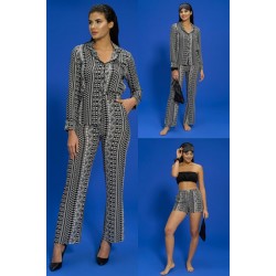 For You In&Out 7 Pcs Viscose Both Inside and Outside Asymmetric Pattern Black Pajama Set