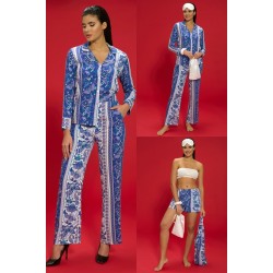 For You In&Out 7 Piece Viscose Ethnic Pattern Blue Pajama Set Both Inside and Outside