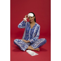 For You In&Out 7 Piece Viscose Ethnic Pattern Blue Pajama Set Both Inside and Outside