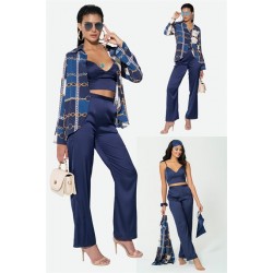 For You In&Out 6 Piece Satin Chain Pattern Shirt Bustier Navy Blue Bottom Top Set