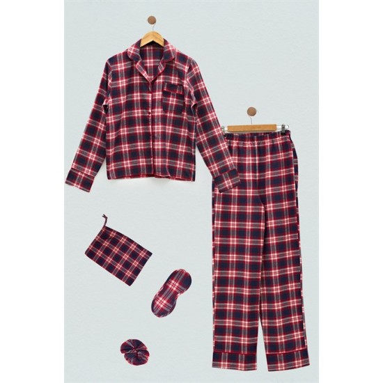 For You Sleepwear 5 Pieces Plaid Pattern Red Pajamas Set