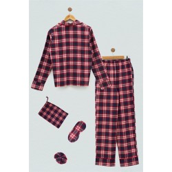 For You Sleepwear 5 Pieces Plaid Pattern Red Pajamas Set