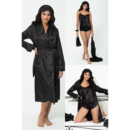 For You Sleepwear 6 Piece Leopard Piping Detailed Dressing Gown Athlete Shorts Black Pajamas Set