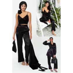 For You In&Out 6 Piece Bustier Dressing Gown and Pants Black Pajamas Set