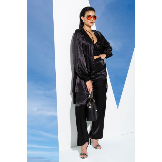 For You In&Out 6 Piece Bustier Dressing Gown and Pants Black Pajamas Set