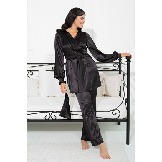 For You In&Out 6 Piece Bustier Dressing Gown and Pants Black Pajamas Set