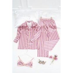 For You Moda Women's 3-Piece Pink Striped Bustier Satin Pajamas TK