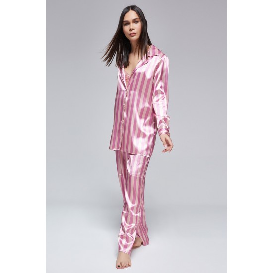 For You Moda Women's 3-Piece Pink Striped Bustier Satin Pajamas TK