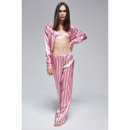 For You Moda Women's 3-Piece Pink Striped Bustier Satin Pajamas TK