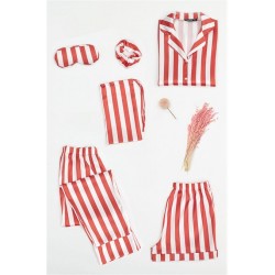 For You Moda Women's 6 Pieces Red and White Striped Satin Pajamas Set