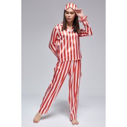 For You Moda Women's 6 Pieces Red and White Striped Satin Pajamas Set