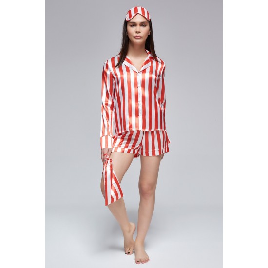 For You Moda Women's 6 Pieces Red and White Striped Satin Pajamas Set