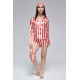 For You Moda Women's 6 Pieces Red and White Striped Satin Pajamas Set