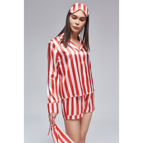 For You Moda Women's 6 Pieces Red and White Striped Satin Pajamas Set