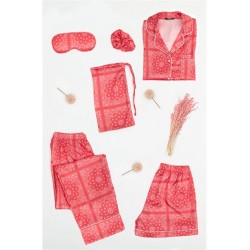 For You Moda Women's 6 Pieces Red Authentic Pattern Satin Pajamas Set