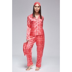 For You Moda Women's 6 Pieces Red Authentic Pattern Satin Pajamas Set