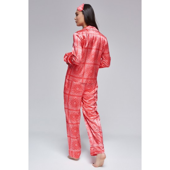 For You Moda Women's 6 Pieces Red Authentic Pattern Satin Pajamas Set