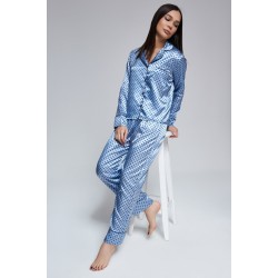 For You Moda Women's Polka Dot Blue Satin Pajamas Set