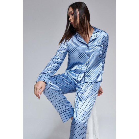 For You Moda Women's Polka Dot Blue Satin Pajamas Set