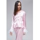 For You Moda Women's 5-Piece Pink Striped Feather Detailed Satin Pajamas Set