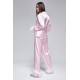 For You Moda Women's 5-Piece Pink Striped Feather Detailed Satin Pajamas Set