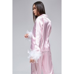 For You Moda Women's 5-Piece Pink Striped Feather Detailed Satin Pajamas Set