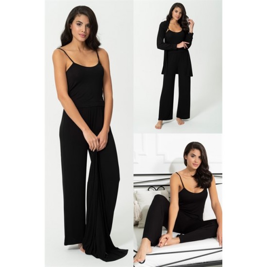 For You Sleepwear 3-Piece Combed Negligee Athlete Trousers Black Set