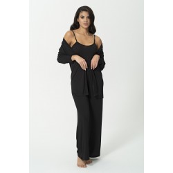 For You Sleepwear 3-Piece Combed Negligee Athlete Trousers Black Set