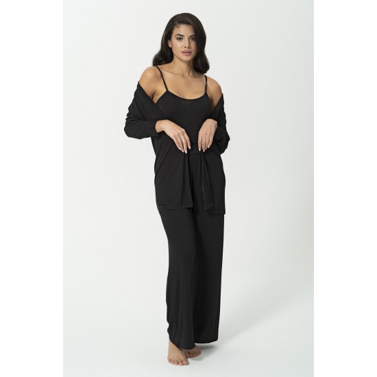 For You Sleepwear 3-Piece Combed Negligee Athlete Trousers Black Set