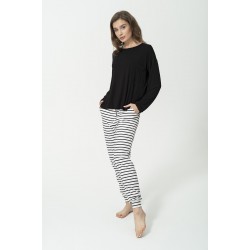 For You Woman 2-pack Cotton Striped Black Pajamas Bottom and Top Set