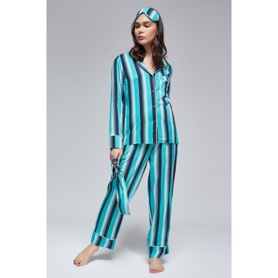 For You Moda 6 Pieces Green Striped Viscose Long Sleeve Pajamas Set