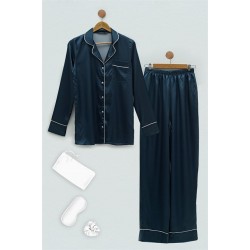 For You Sleepwear 5 Pieces Satin Navy Blue Pajamas Set