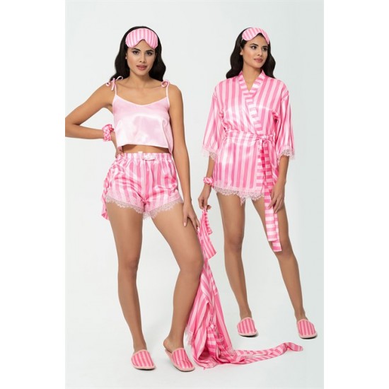 For You Sleepwear 7 Pieces Pink Striped Satin Dressing Gown Shorts Set